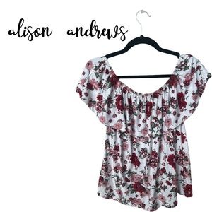 Alison Andrew’s Medium Red, White and Pink Floral Top with Ruffle Neckline